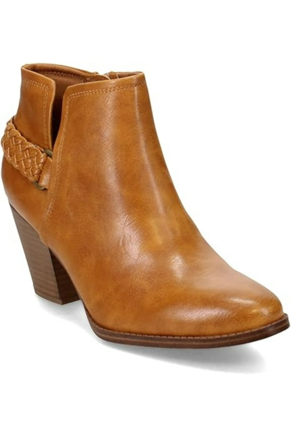Womens Brown Braided Ankle Strap Padded Cut Out Charlotte Almond Toe Block Heel Zip-Up Booties 5.5 M