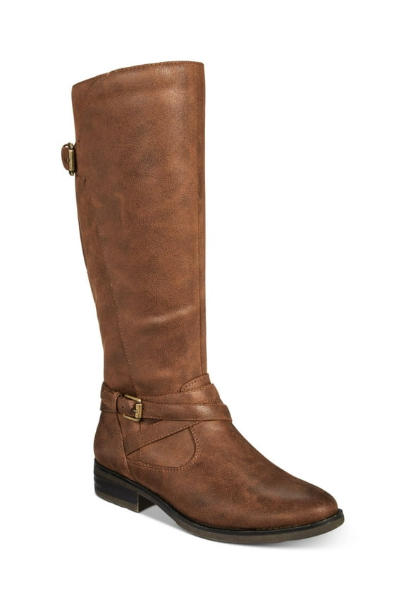 Womens Brown Crisscross Buckle Straps Elastic Panel Buckle Accent Alysha Round Toe Block Heel Zip-Up Riding Boot 6.5 M