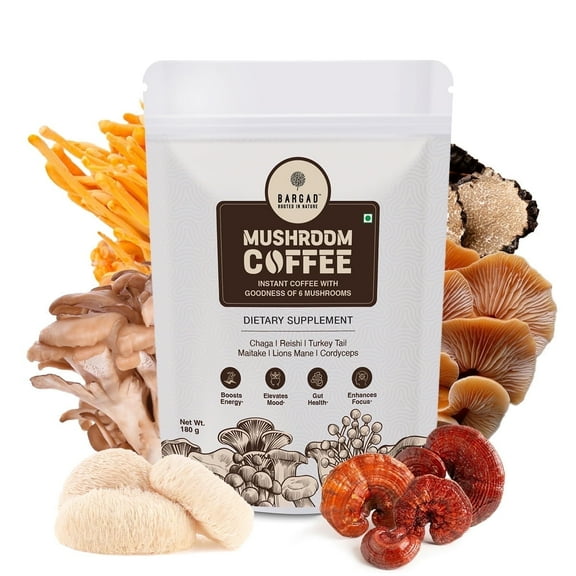 BARGAD Mushroom Coffee | 6 Adaptogen Mushrooms | Premium Instant Coffee With benefits of Lion's Mane, Chaga & Turkey Tail for Better Focus, Immune support, Energy, Digestion & Skin | 30 Servings