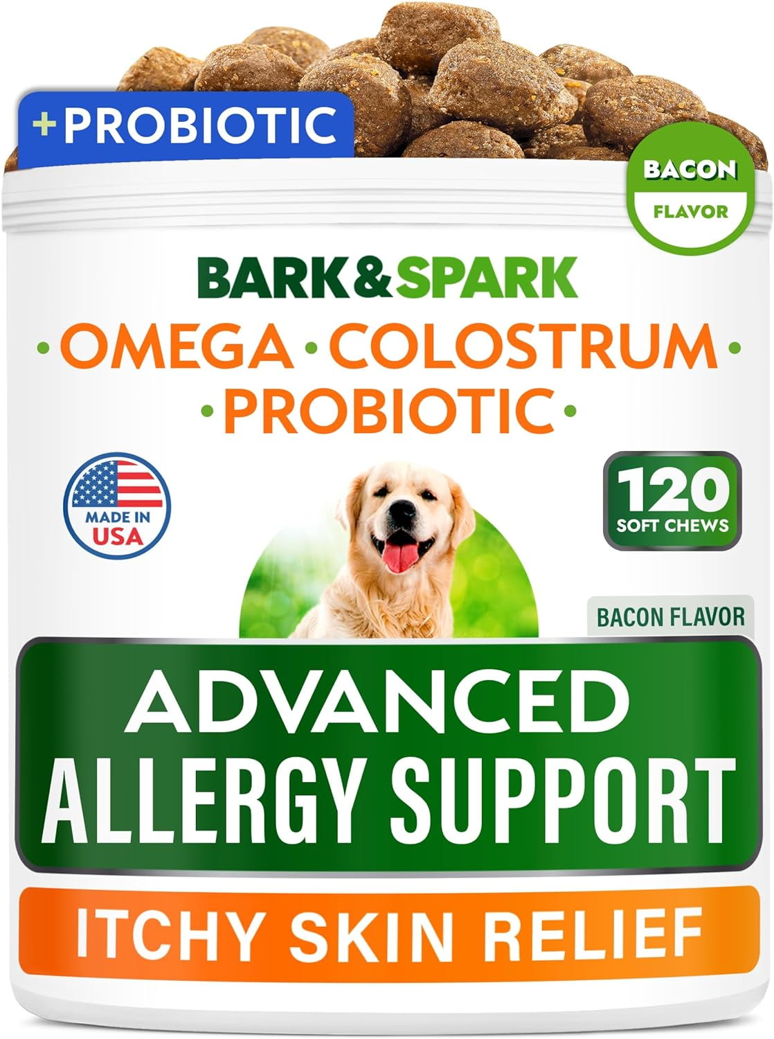 BARK&SPARK Advanced Dog Allergy Itch Relief Chews - Skin Probiotics for Dogs w/Fish Oil Omega 3 - Itchy Skin Relief Pills - Anti Itching Licking - Skin Allergies Treatment Immune Support - 120 Bacon