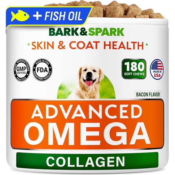 BARK&SPARK Advanced Omega-3 Collagen for Dogs - 180 Fish & Salmon Oil Treats for Dog Shedding, Skin Allergy Chews, Itch Relief, Hot Spots Treatment - Jointm Skin & Coat Supplement, EPA&DHA FattyAcids
