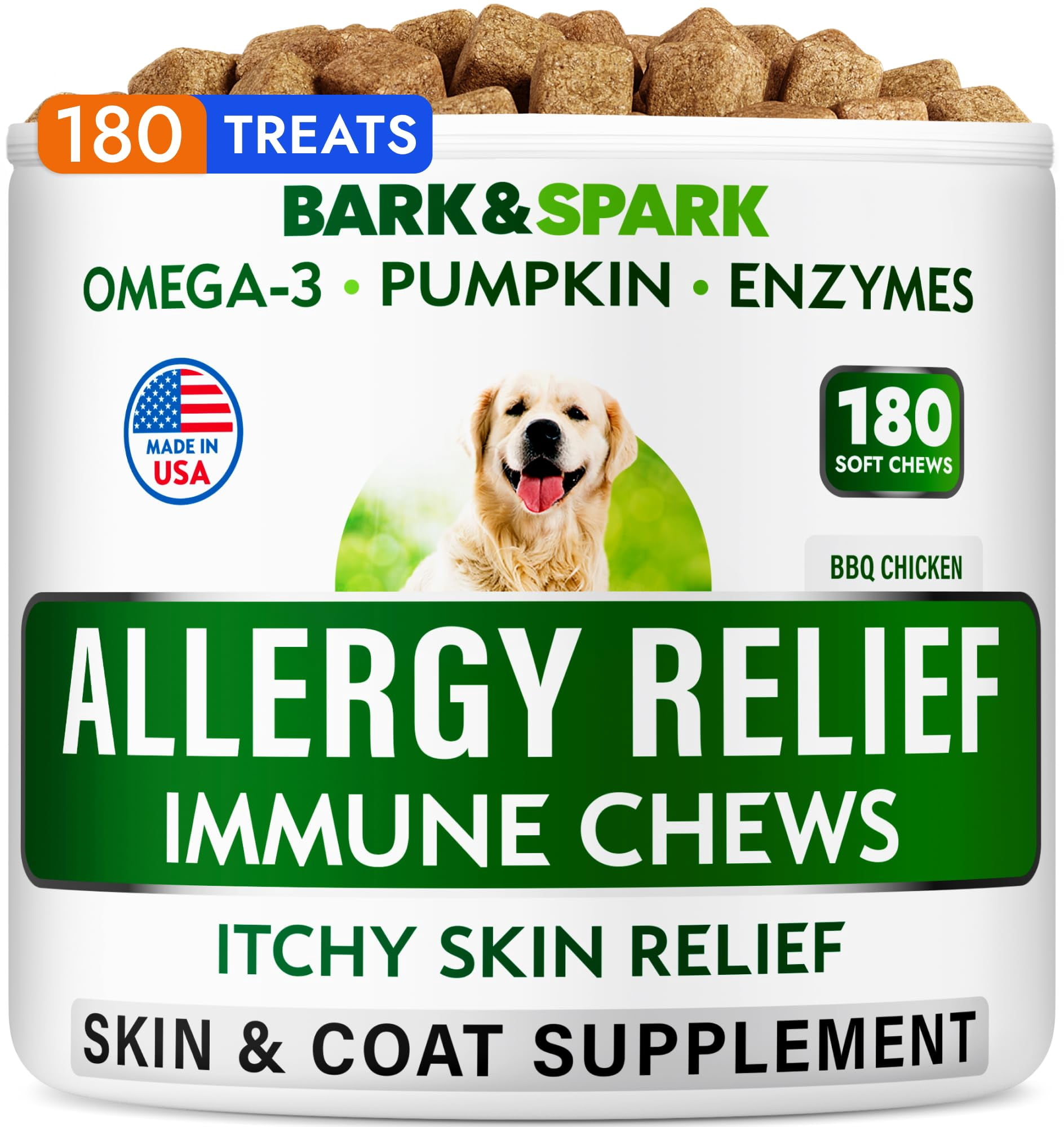 Image showcasing BARK&SPARK Dog Allergy Relief Chews (180 Immune Treats) - Anti-Itch ...