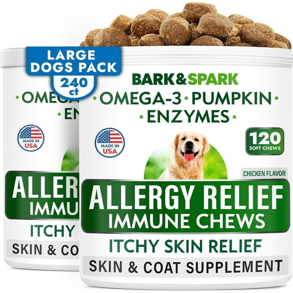 BARK&SPARK Dog Allergy Relief Chews (240 Immune Treats) - Anti-Itch Skin & Coat Supplement - Omega 3 Fish Oil - Itchy Skin Relief Treatment Pills - Itching&Paw Licking - Dry Skin&Hot Spots - Chicken