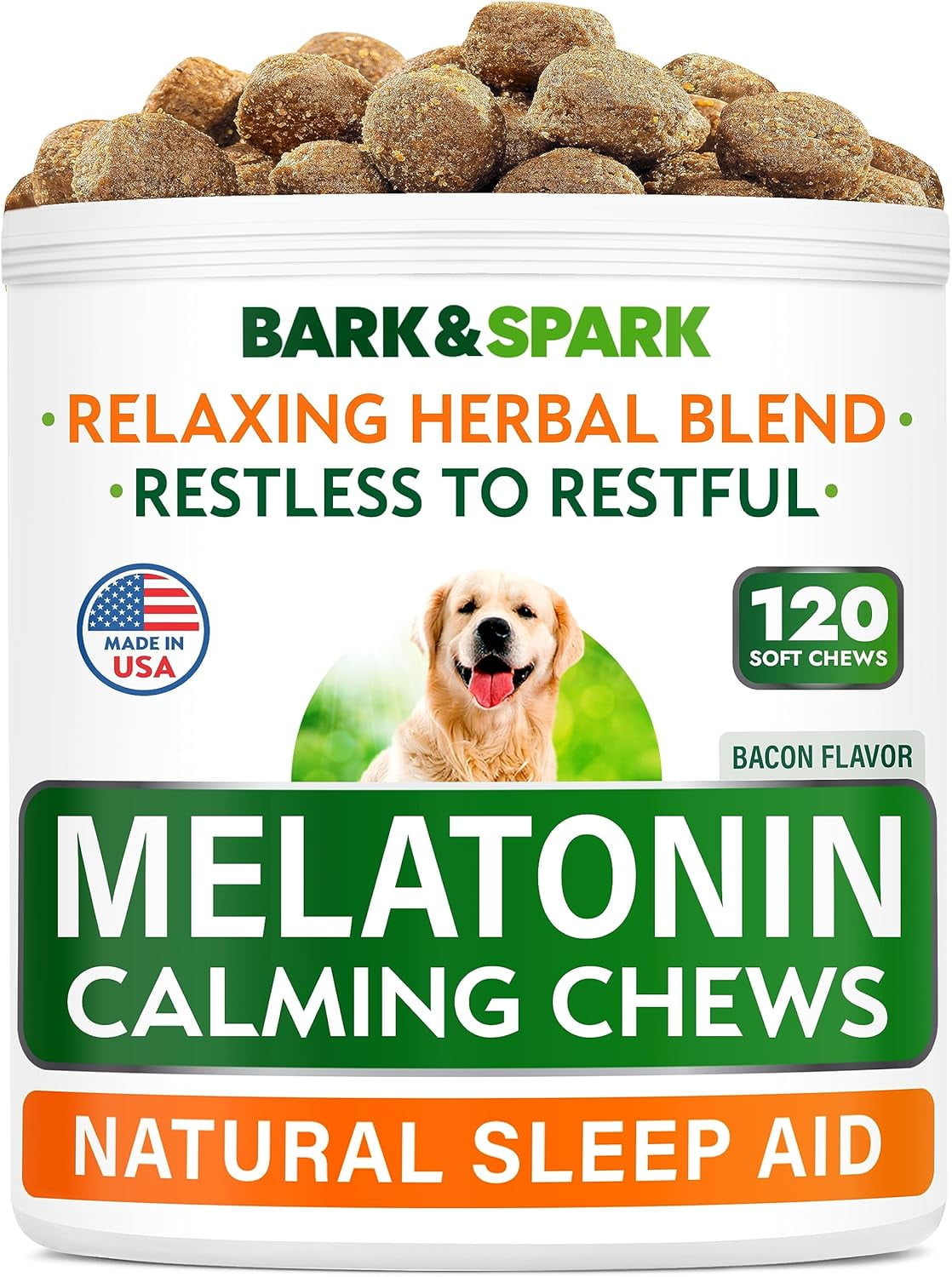 BARK&SPARK Extra Strength Melatonin Calming Chews for Dogs Sleep - 6mg Dog Melatonin Chews for Small & Large Dogs, Puppy Melatonin Treats - Calming Aid for Dogs - Medium Doggie Sleeping Pills - 120ct