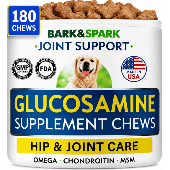 BARK&SPARK Glucosamine Chews for Dogs - Dog Supplements for Hip and Joint with Chondroitin, MSM & Omega-3 Fish Oil - Joint Comfort & Mobility Support - All Breeds - 180 ct - Chicken - Made in USA