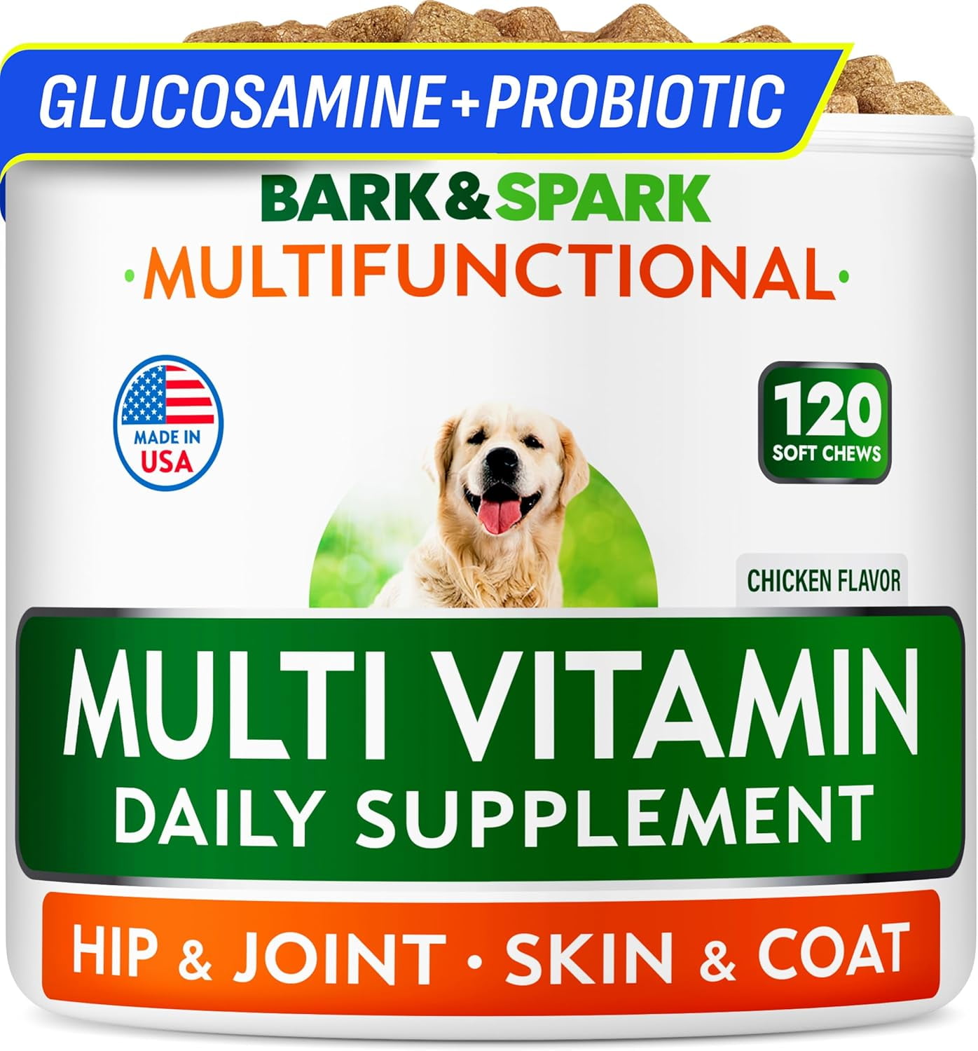 BARK&SPARK Multivitamin Chewable Treats for Dogs - Glucosamine Chondroitin for Joint Support + Omega for Skin & Coat + Probiotics - Multi Vitamin for Dogs Health - Dog Vitamins and Supplements
