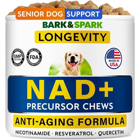 Bark&Spark NAD+ Supplement for Dogs - Healthy Aging, Brain & Vitality Support - Resveratrol, Quercetin, Nicotinamide - Peanut Butter (90 ct)