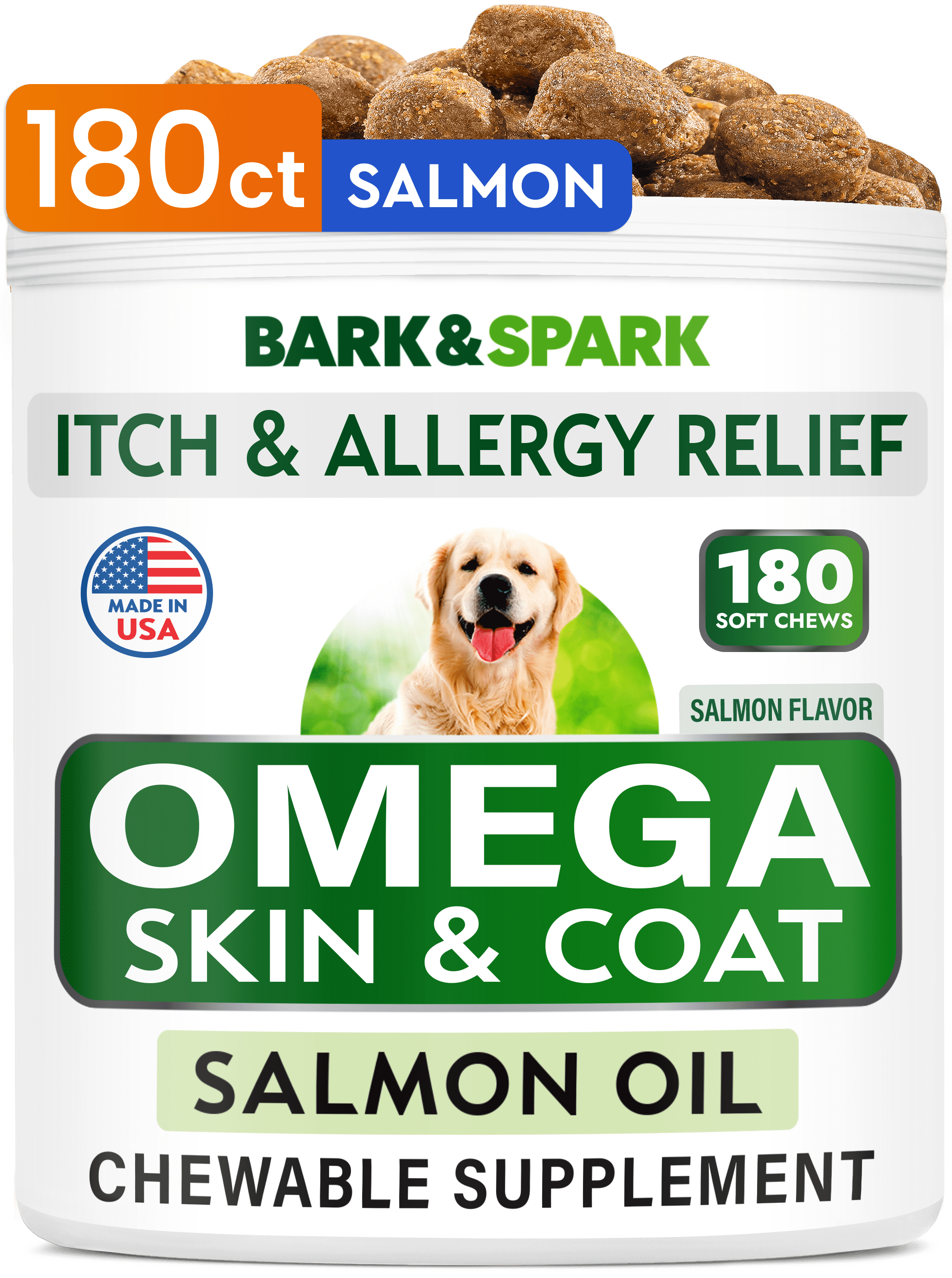 BARK&SPARK Omega 3 for Dogs - 180 Fish Oil Treats for Dog Shedding, Skin Allergy, Itch Relief, Hot Spots Treatment - Joint Health - Skin and Coat Supplement - EPA & DHA Fatty Acids - Salmon Oil
