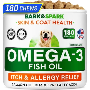 BARK&SPARK Omega 3 for Dogs - 180 Fish Oil Treats for Dog Shedding, Skin Allergy, Itch Relief, Hot Spots Treatment - Joint Health - Skin and Coat Supplement - EPA & DHA Fatty Acids - Salmon Oil