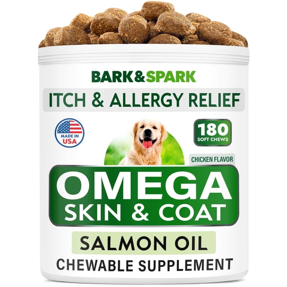 BARK&SPARK Omega 3 for Dogs - 180 Fish Oil Treats for Dog Shedding, Skin Allergy, Itch Relief, Hot Spots Treatment - Joint Health - Skin and Coat Supplement - EPA & DHA Fatty Acids - Salmon Oil