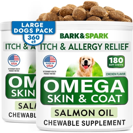BARK&SPARK Omega 3 for Dogs - 360 Fish Oil Treats for Dog Shedding, Skin Allergy, Itch Relief, Hot Spots Treatment - Joint Health - Skin and Coat Supplement - EPA & DHA Fatty Acids - Salmon Oil