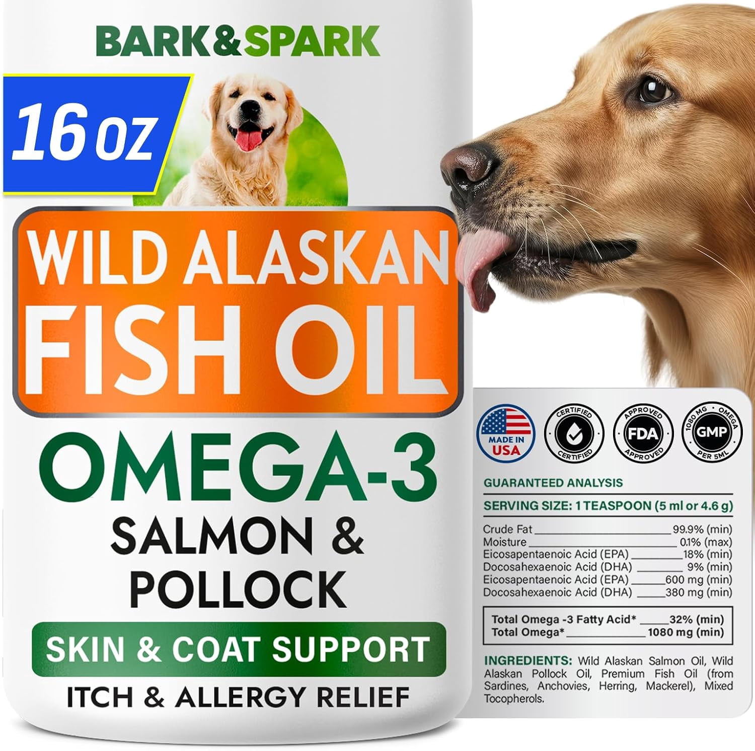 Bark&Spark Omega-3 Fish Oil Liquid for Dogs - Wild Alaskan Salmon Oil - EPA & DHA, Skin & Coat, Itch & Allergy Relief, Joint Health