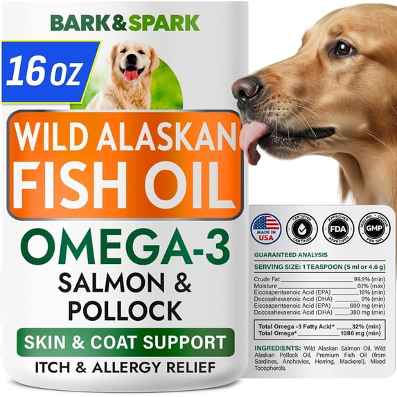 Bark&Spark Omega-3 Fish Oil Liquid for Dogs - Wild Alaskan Salmon Oil - EPA & DHA, Skin & Coat, Itch & Allergy Relief, Joint Health