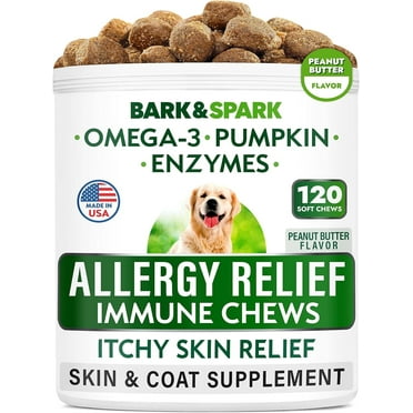 BARK&SPARK Premium Dog Allergy Relief Chews - Anti-Itch Skin & Coat Supplement - Omega 3 & Fish Oil - Itchy Skin Relief Treatment Pills - Itching & Paw Licking - Dry Skin&Hot Spots - 120ct - Peanut
