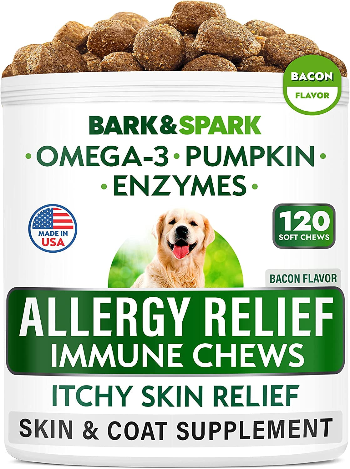 Bark&Spark Dog Allergy Relief Chews, Itchy Skin Treatment, Omega 3 ...