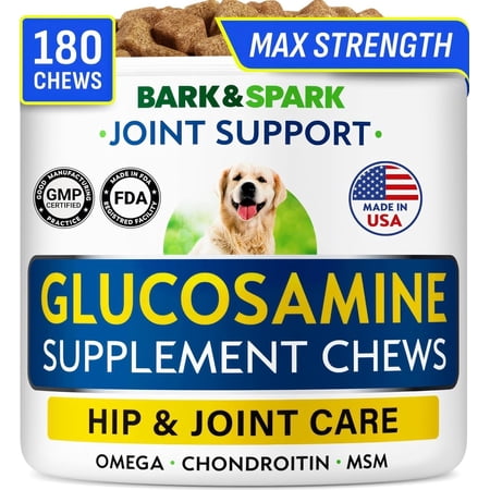 BARK&SPARK Premium Glucosamine Chews for Dogs - Dog Supplements for Hip and Joint with Chondroitin, MSM & Omega-3 Fish Oil - Joint Pain Relief & Large Small Breed - 180 Treats - Chicken - made in USA