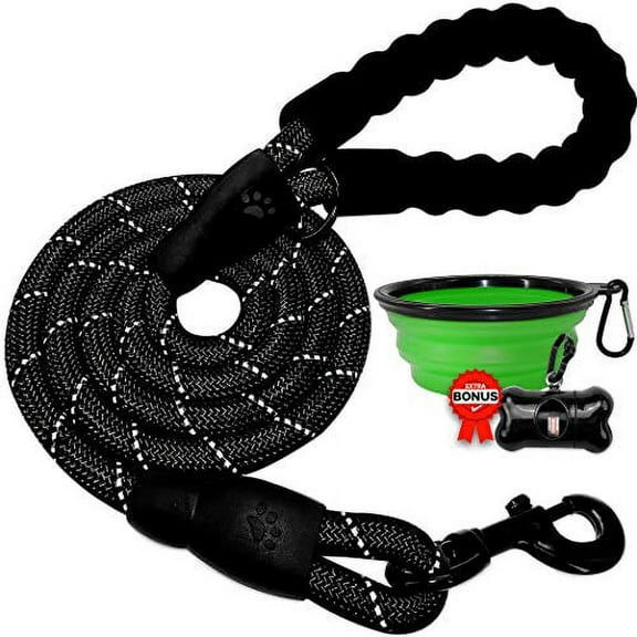 BARKBAY Dog Rope Leash Heavy Duty Dog Leash for Large Dog with Comfortable Padded Handle and Highly Reflective Threads 5 FT for Small Medium Large Dogs(Black)
