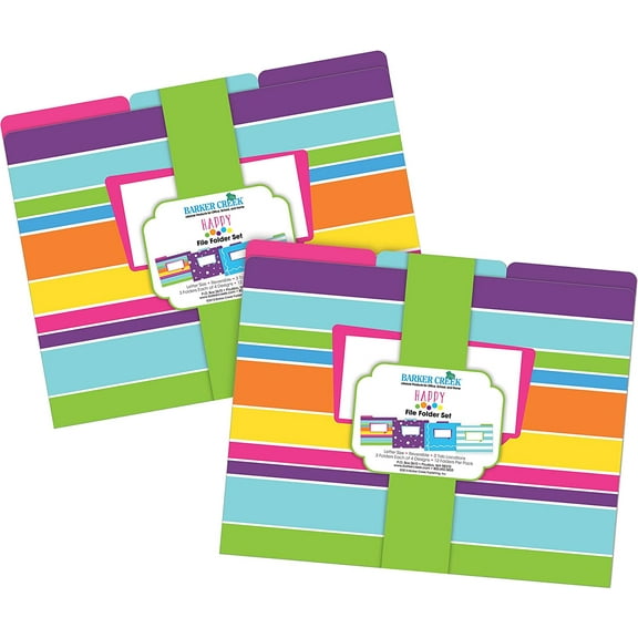 BARKER CREEK Designer File Folders Set of 24, Happy, Multi-Design, Colorful Patterns on Outside, Solid Colors on Inside, Letter Size, 1/3 Cut Tabs, 24-Set, Home, School and Office Supplies (3958)