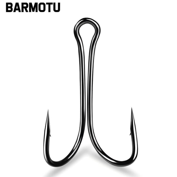 BARMOTU 50PCS Double Fishing Hooks, High Carbon Steel Barbed Frog Hooks with Open Shank for Freshwater and Saltwater Fishing