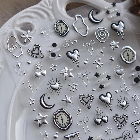 BARMOTU Silver Nail Art Stickers Heart Star Nail Decals with Metal Design 5D Embossed Self Adhesive Clock Nails Stickers Charms Supply for Women Manicure DIY Decorations