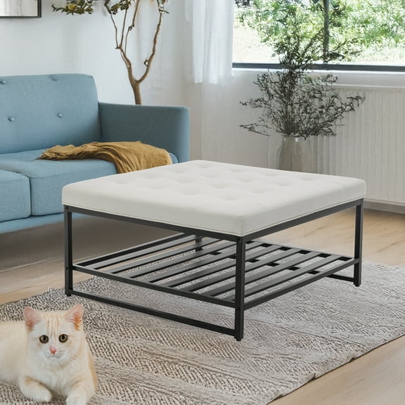 BARNUT Coffee Tables, Modern Upholstered Tufted Center Table with Metal Shelf for Living Room, Square Coffee Tables, Performance Fabric in Cream