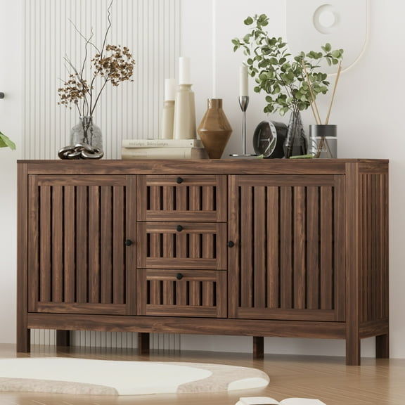 BARNUT Sideboard Buffet Cabinet with Storage,Farmhouse Wooden Buffet Table with Removable Shelf and Three Sliding Drawers,Espresso