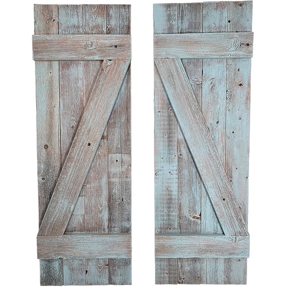 BARNWOODUSA Decorative Shutters Set of 2 Rustic Farmhouse Window Shutters with Traditional Barn Look Z Pattern Made from Reclaimed Wood Interior Country Style Decor Robins Egg Blue