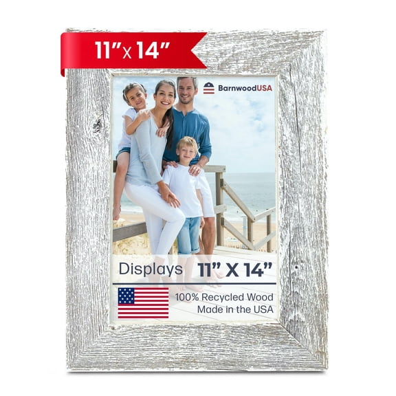 BARNWOODUSA Farmhouse 11x14 Picture Frame 1 1/2 inch Molding 100% Reclaimed Wood Rustic White Wash