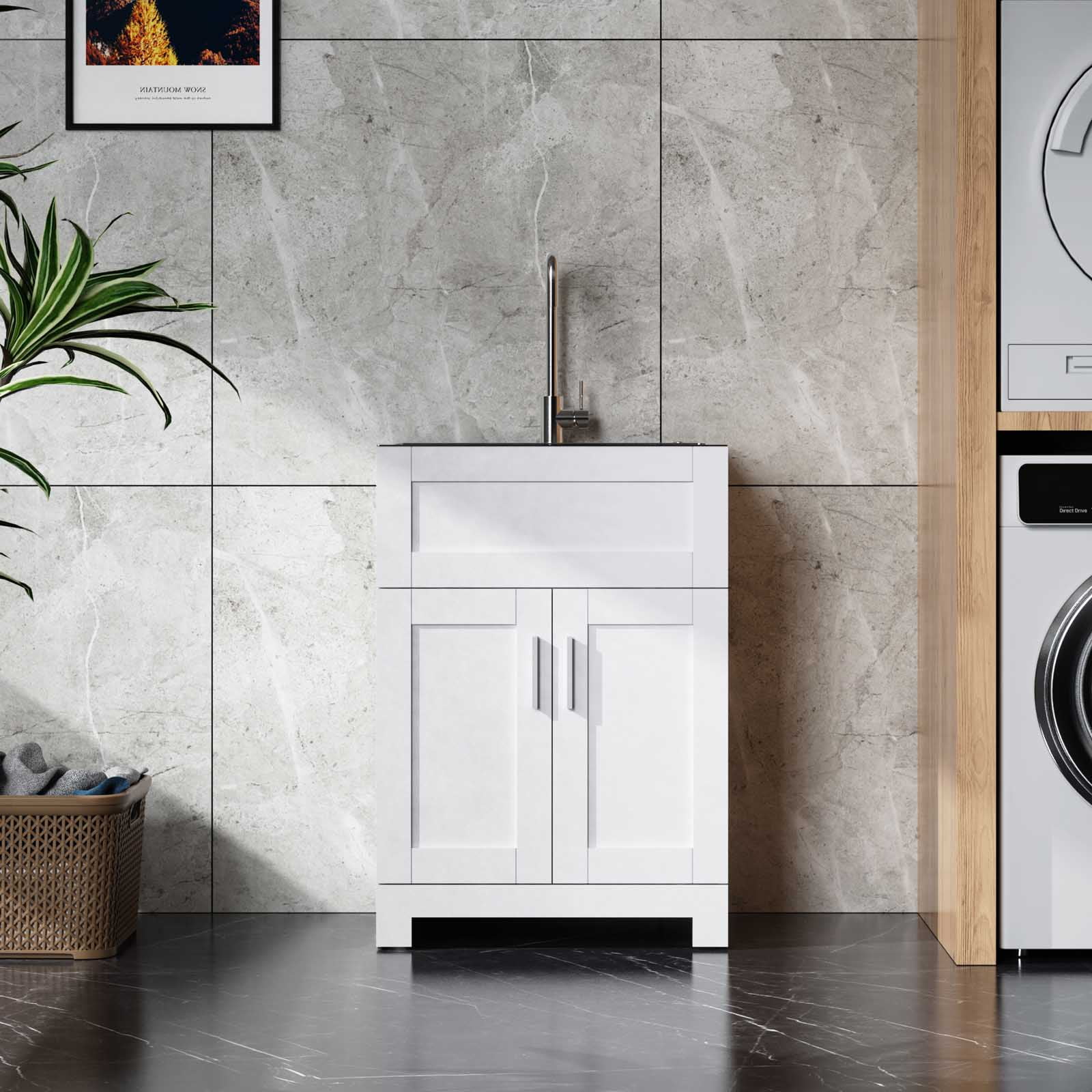 BARONAGE 24" Modern Bathroom Vanity with Sink, Bathroom Sink Cabinet, Sink Stainless Steel Combo, Vanities Cabinet Freestanding with 2 Doors, White