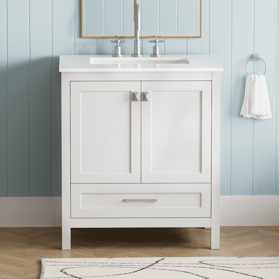 BARONAGE 30" Bathroom Vanity Ceramic Sink Combo, Marble Vanity Top with Undermounted Rectangular Ceramic Sink, Modern Freestanding Storage Cabinet, White