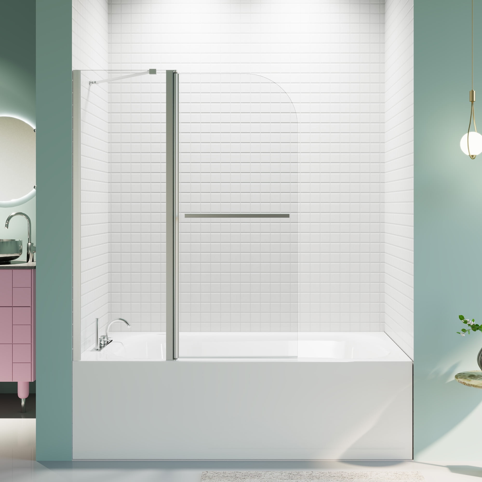 BARONAGE 43" W x 58" H Frameless Tub Shower Door, Hinged Tub Screen with Towel Bar  1/4" (6mm) Tempered Glass, Folding Bathtub Shower Door Screen with Tempered Glass, Chrome