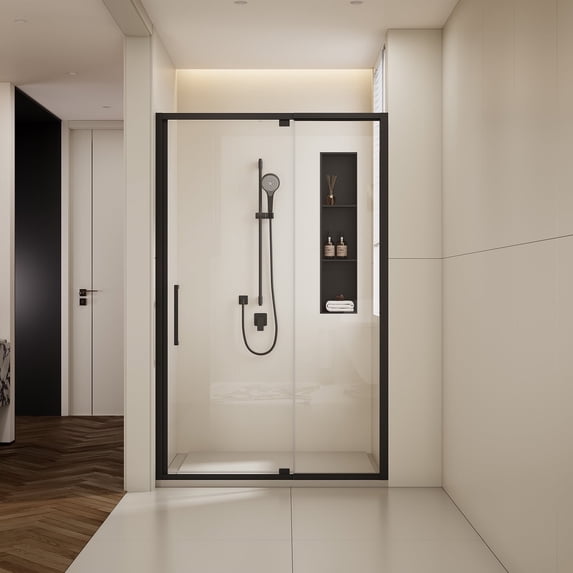 BARONAGE 44-48" W x 76" H Scalable adjustable frame Shower Door with 1/4"(6mm) Clear Tempered Glass, Matte Black Finish Shower Doors, Reversible Installation
