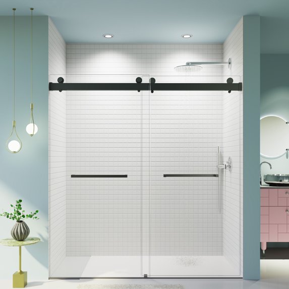 BARONAGE 68-72" W x 76" H Double Sliding Shower Door with Soft-Close Buffer, Frameless Shower Doors with 3/8" (10mm) Thick Tempered Glass, Matte Black