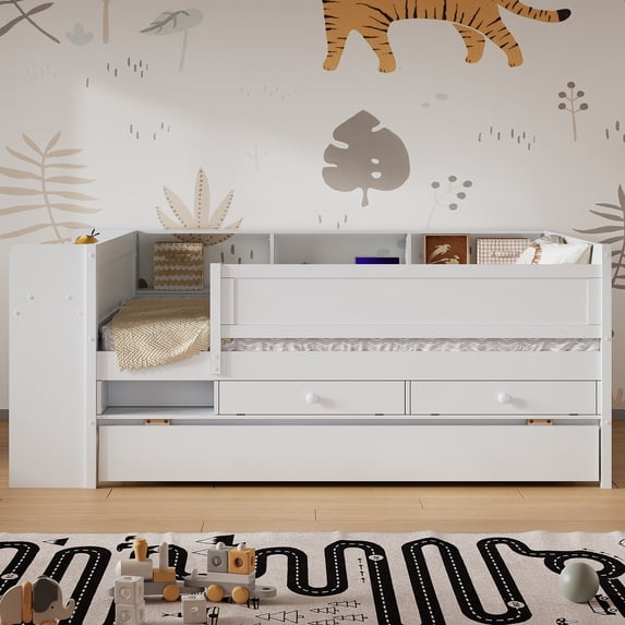BARONAGE Multi-Functional Twin Daybed with Drawers and Trundle, Headboard Storage and Tables, USB Charging Station, White