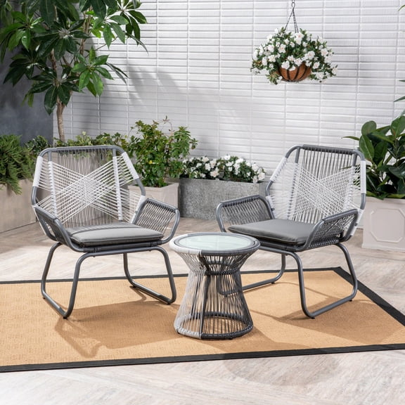 BARONAGE Outdoor Rope and Steel Club Chairs, Patio Sets Outdoor Chat Chair with Table(3PC CHAT SET), Gray