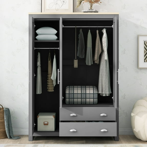 BARONAGE Three Door Storage Wardrobe with Cabinets and Two Hanging Rods, Gray