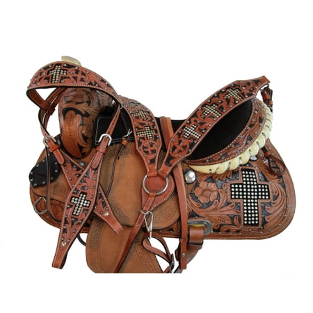 BARREL RACING SADDLE WESTERN HORSE PLEASURE TRAIL FLORAL TOOLED LEATHER TACK SET 15 16 17