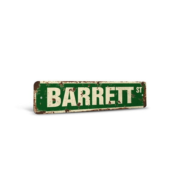 BARRETT Vintage Style Rustic Street Sign – Childrens Name Room Sign Retro Decorative Wall Sign for Home, Bar, Garage, or Outdoor Use | 4" X 18" Plastic Road Sign