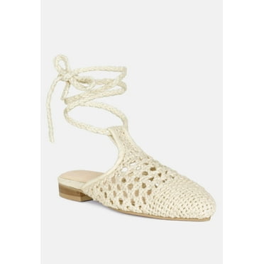 BARTSI Off White Handwoven Tie Up Flat Mules
