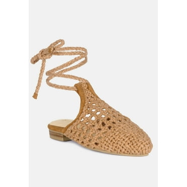 BARTSI Tan Handwoven Tie Up Flat Mules