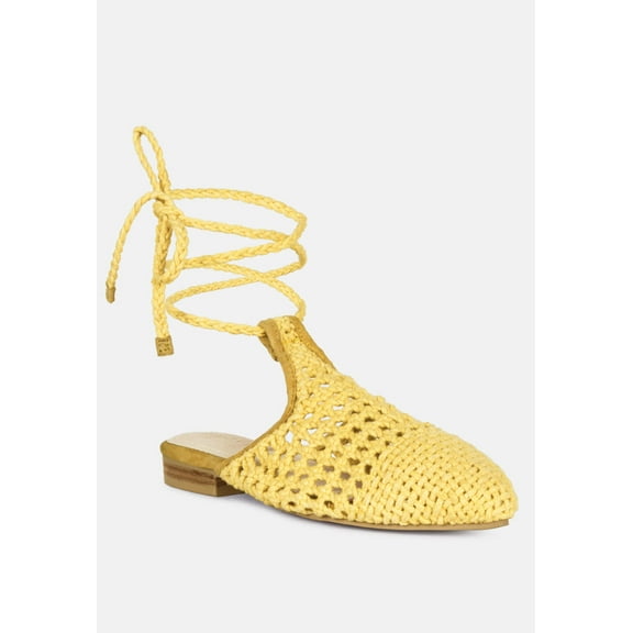 BARTSI Yellow Handwoven Tie Up Flat Mules