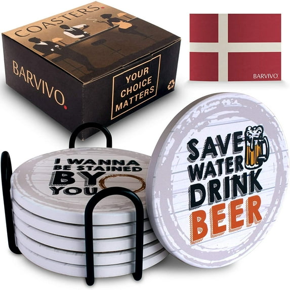 BARVIVO Ceramic Coasters, Round Ceramic Water Absorbing Coasters, Set of 6 with Holder