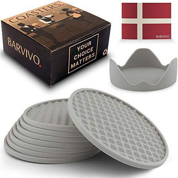 BARVIVO Coasters For Drinks with Holder - Set of 8 (Gray)