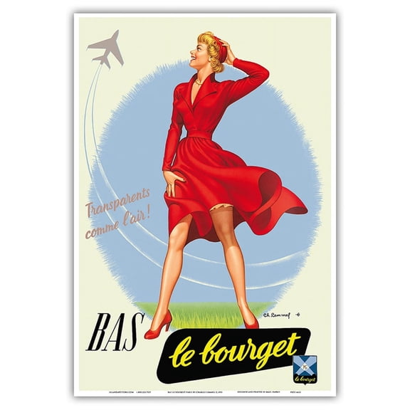 BAS Le Bourget Paris - Stockings Hosiery - Transparents comme l’air (Transparent like Air) - Vintage Advertising Poster by Charles Lemmel c.1953 - Master Art Print (Unframed) 13in x 19in