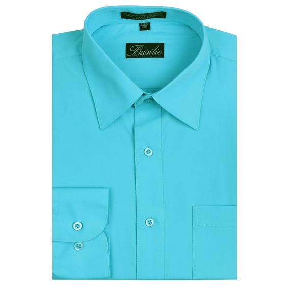 BAS-TURQ-155-32 - Men's Basilio Convertible Cuff Solid Dress Shirt - Many Colors Available