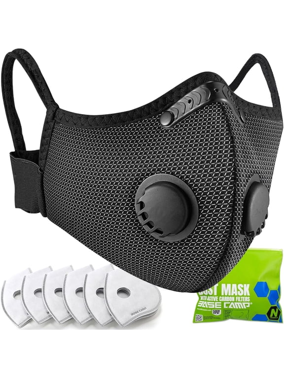 BASE CAMP Silver and Black Upgrade M Plus Dust Mask, Reusable Respirator Face Mask with 6 Activated Carbon Filters, Safety Work Masks for Woodworking, Construction, Yard Lawn Paint, Dust