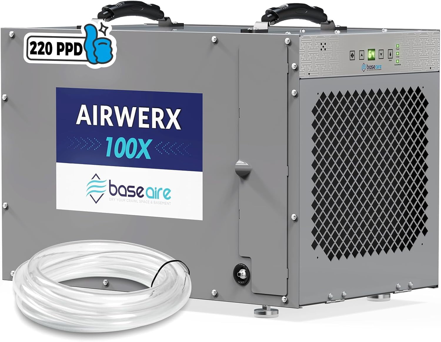 BaseAire 220 Pints Crawlspace Dehumidifiers with Pump and Drain Hose, Up to 2900 Sq Ft ,Commercial Dehumidifier for Home,Garage and Basement, Large Capacity,  Auto Defrost, Intelligent Control