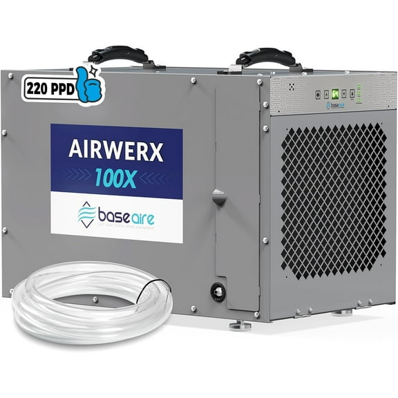 BaseAire 220 Pints Crawlspace Dehumidifiers with Pump and Drain Hose, Up to 2900 Sq Ft ,Commercial Dehumidifier for Home,Garage and Basement, Large Capacity,  Auto Defrost, Intelligent Control