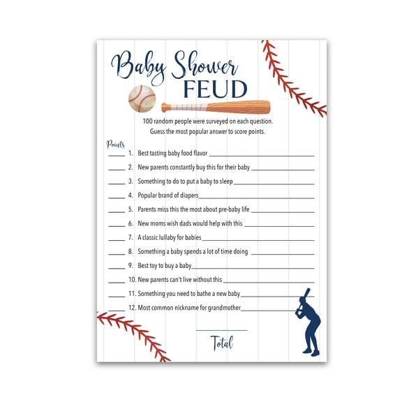BASEBALL Baby Shower FEUD Game - Pack of 25 - Fun Shower Family Feud Games, Navy Blue BOY Baby Shower Activity, Rustic Sports Baseball Baby Shower Fued Games Little Slugger theme G900-BSF
