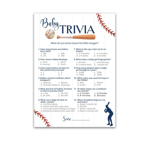 BASEBALL Baby Shower Games — BABY TRIVIA Game — Pack of 25, Rustic Sports Navy Blue BOY Baby Shower Game, Sport Fun Baby Facts Game Baseball Theme Little Slugger Shower Activity G900-TRV